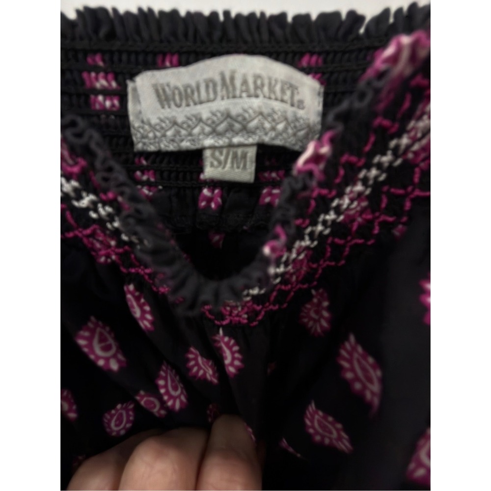 World Market Boho Maxi Dress Black Pink Paisley Border Print Cotton S/M Smocked - Picture 9 of 14